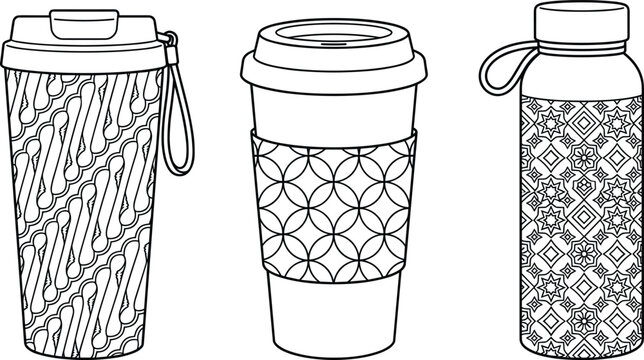 Reusable coffee tumbler travel mug and water bottle line icon set with traditional Indonesian batik pattern sleeves vector illustrations,