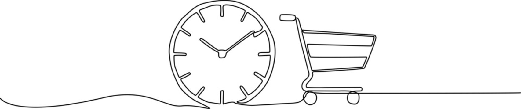 Continuous line drawing of clock and shopping cart, minimalist retail time management vector, fast delivery and online shopping concept