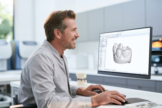 Smiling dental professional using a computer to view a digital tooth model, cheerful specialist working at a dental design workstation