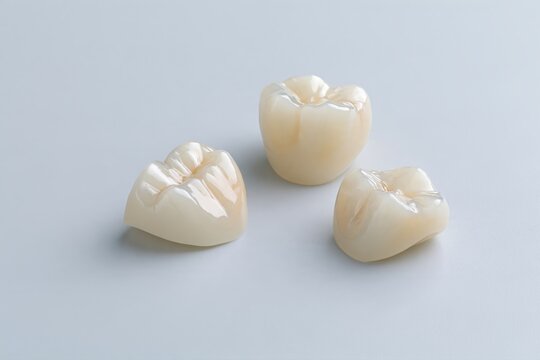 Three glossy tooth-shaped dental crowns on a pale background, close-up restorative dentistry components with copy space