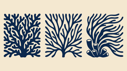 Hand drawn vector set of various seaweeds and corals in blue color isolated on beige background © Crushin