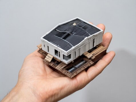 A man's hand holds a modern modular house in its palm