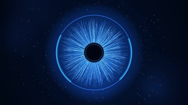 Futuristic digital eye graphic featuring glowing blue abstract light patterns and circular interface elements in dark cyberspace