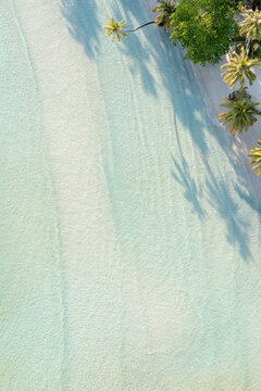 Aerial view of the turquoise waters and white sand beach, with palm trees casting long shadows on the shore Koh Kood, Trat, Thailand.