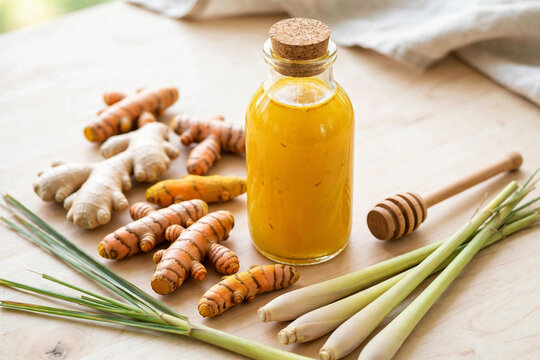 Golden Indonesian jamu turmeric herbal drink with fresh ingredients