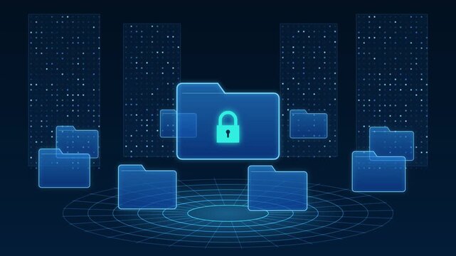 Glowing digital folders with security padlock floating against abstract blue grid background in cyberspace interface