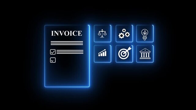 Invoice management concept. Billing and financial document icons, digital invoicing, payment processing and accounting workflow. transparent motion animated black background