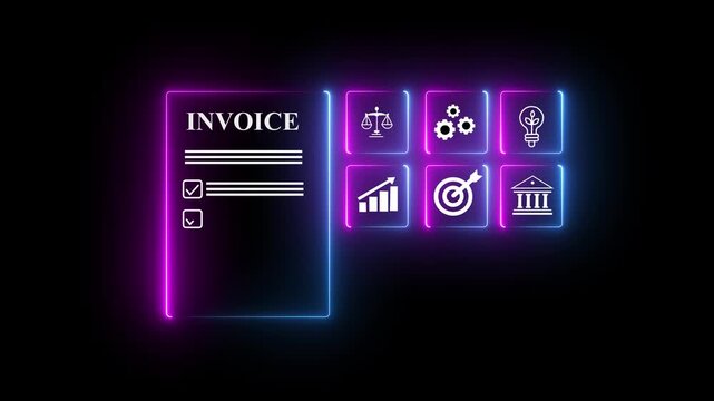 Invoice management concept. Billing and financial document icons, digital invoicing, payment processing and accounting workflow. transparent motion animated black background
