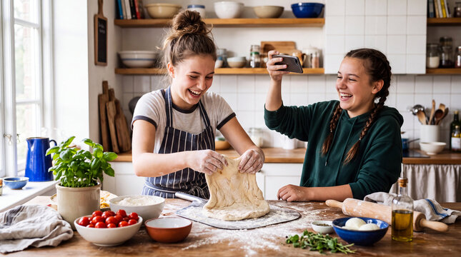 Teen Friends Filming a Homemade Pizza Session