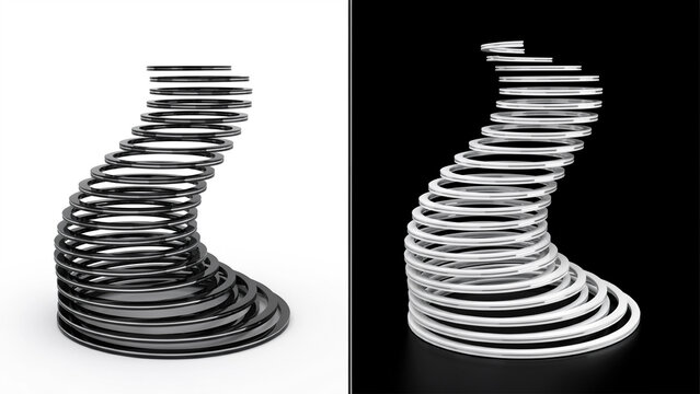 A split view of a spiral spring structure, featuring a black metal spring on a white background, and a white, metal spring on, a black background