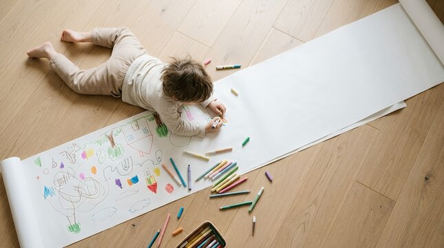A young child lying on the floor drawing on a very long roll of paper.