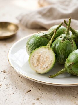 Round green Thai eggplants with one halved to show creamy white flesh on a white plate with a gold rim
