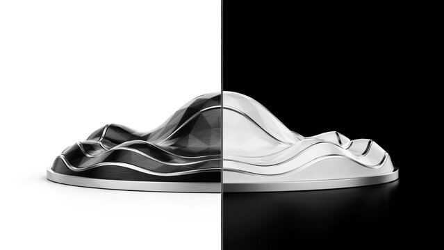 A split-screen view of a smooth, undulating metallic dome shape, rendered in black on the left and white on the right, resting on a flat circular base