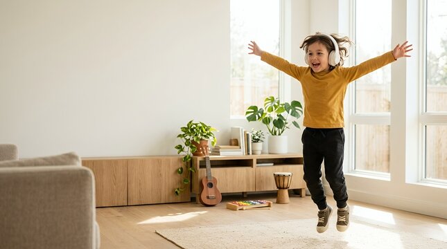 A happy young girl jumping in the living room while wearing headphones and listening to music.