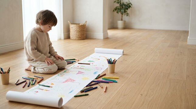 A young toddler boy sitting on the floor drawing on a long roll of paper.
