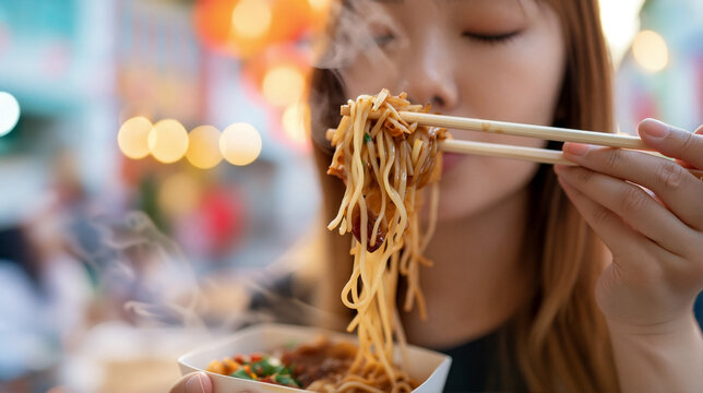 Female fingertips holding takeaway box of char kway teow noodles while feeding noodles with chopsticks and blurred george town heritage street buildings