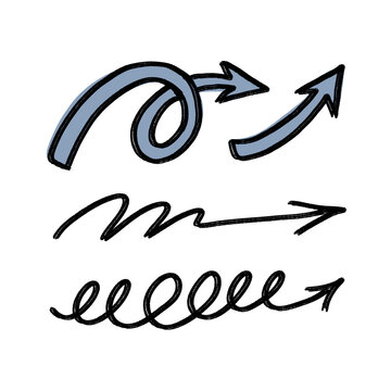 Hand drawn doodle arrow set featuring curved loop and spiral directional pointers isolated on white background