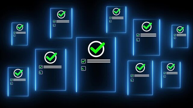 Quality checklist documents validation and compliance, standards, approvals and workflows for reliable and consistent product and service quality. transparent motion animated black background