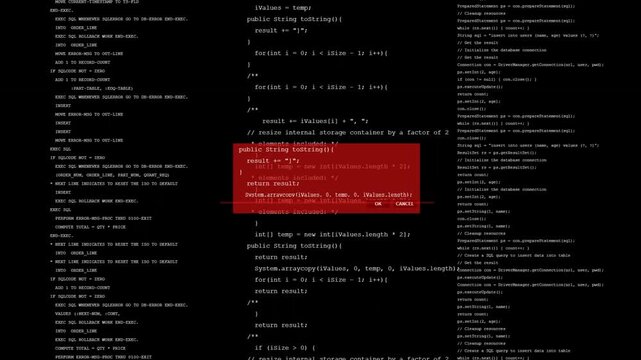 Programming code displaying on dark computer screen with software debugging window and bright red error warning box