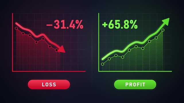 Comparative financial charts showing a red downward loss trend and a green upward profit trend