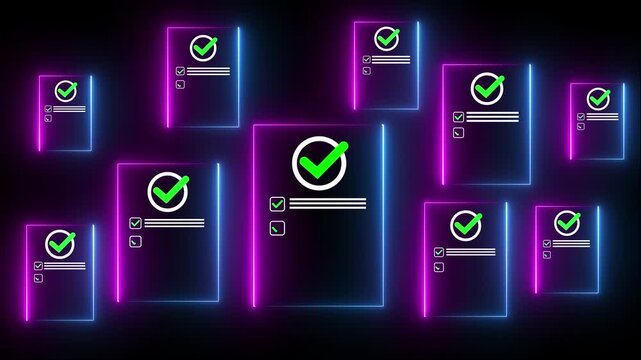 Quality checklist documents validation and compliance, standards, approvals and workflows for reliable and consistent product and service quality. transparent motion animated black background
