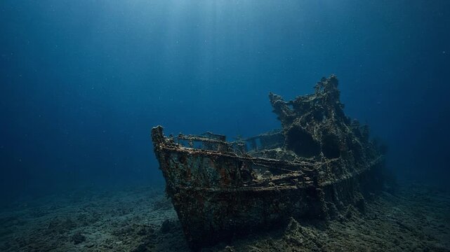 Rusted shipwreck on the seabed beneath blue underwater light