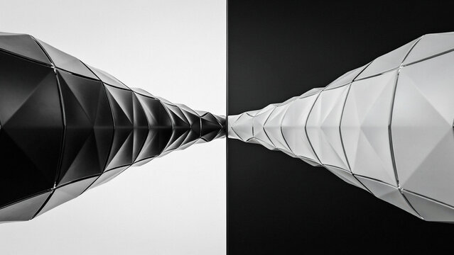 Abstract geometric tunnel structures with triangular facets in black and white, split screen composition showing contrasting monochrome shapes
