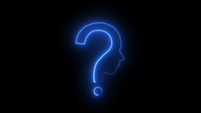 Neon blue question mark human profile silhouette glowing on black background, for ai and, psychology concepts