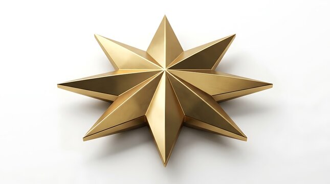 Golden eight-pointed star with reflective surface against a white background.