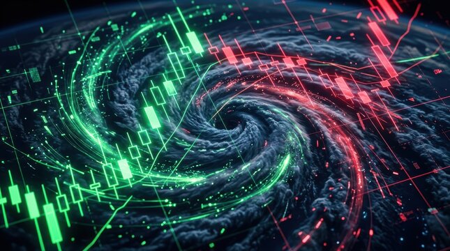 Fluctuating global financial market represented by storm like data streams and candlestick charts