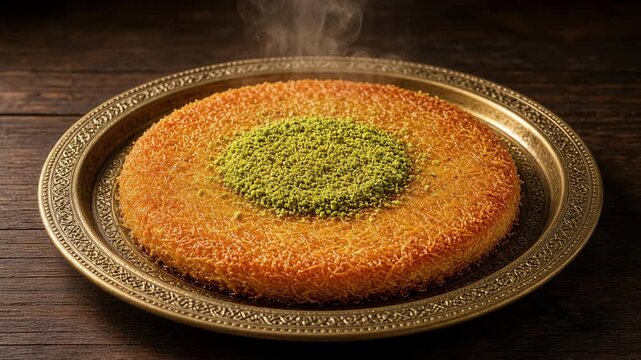 Golden shredded pastry with pistachios on a brass tray