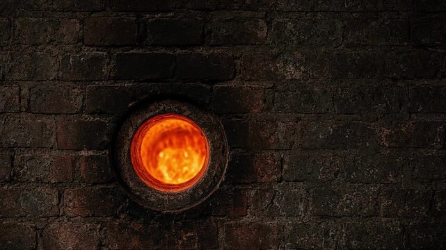 Orange fire through a round opening in a dark brick furnace