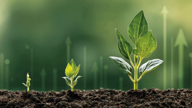 Three growing plants in soil with rising arrows symbolizing sustainable progress