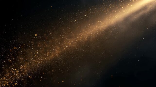 Golden dust particles sparkling in a diagonal light shaft on a black background