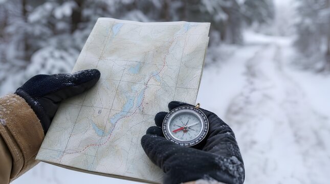 Close-up of gloved hands holding topographic map and compass for wilderness navigation against snowy winter forest trail background, outdoor adventure planning - detailed commercial stock imagery