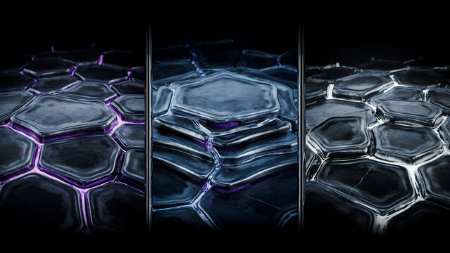 Abstract triptych featuring hexagonal metallic plates with glowing purple and white light emanating from the gaps on a dark reflective background