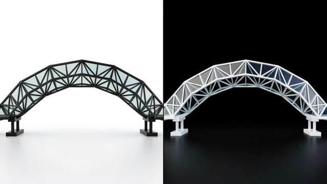 Arched bridge structure with a complex triangular lattice framework, rendered in black and white versions against contrasting light and dark