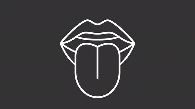 Animated mouth showing tongue white line icon. Oral health outline animation. Mouth anatomy and facial features. Sound creating body parts. Oral cavity. Dark mode linear motion graphic loop