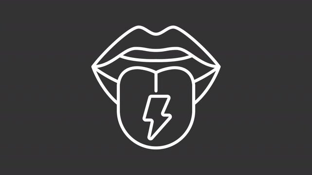 Animated painful tongue white line icon. Oral cavity parts disease outline animation. Minor injuries care. Burns from hot food. Small mouth sores. Dark mode linear motion graphic loop