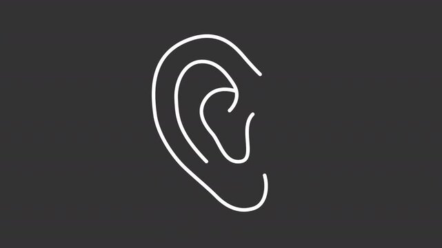 Animated human ear white line icon. Hearing health and wellness outline animation. Audiology studying body part. Sensory perception diagnostics. Dark mode linear motion graphic loop