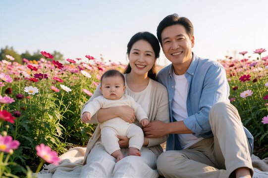 A family of three enjoys quality time together in a vibrant cosmos flower field under warm golden-hour lighting.