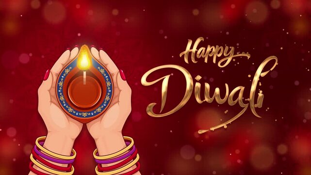 Happy Diwali Animated Gold Calligraphy Lettering Reveal on Red Burgundy Background with Hands Holding a Glowing Diya, Ornamental Mandala Patterns and Floating Bokeh Lights
