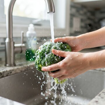 Hands washing fresh broccoli under running water in a kitchen sink.