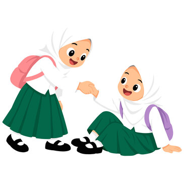 Two Schoolgirls Helping Each Other Stand Up in Cute Educational Illustration