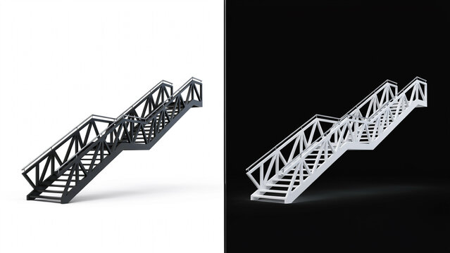 Split view of a modern metal staircase structure, rendered in black and white, featuring a zig-zag with railings on a plain background