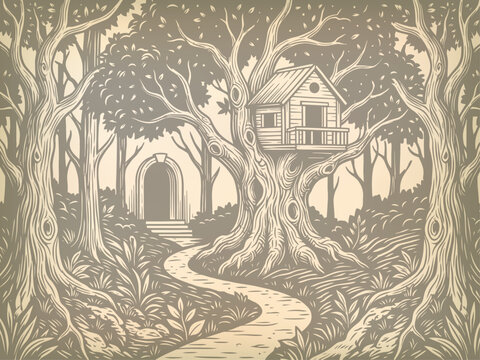 Treehouse Rests On Tree In A Forest