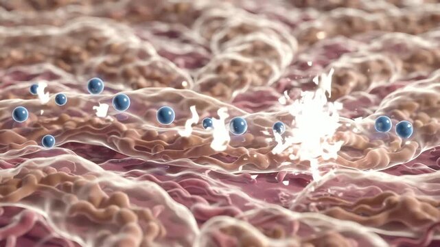 Reactive free radical particles forming around lipid-rich cellular membranes as rapid localized flickers, antioxidant molecules approaching and interacting with the reactive particles
