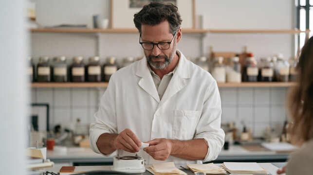 pathologist reassembles a centrifuge component after deep cleaning in a modest break room a row of labeled specimen jars lines the shelf behind wide shot shows tidy workspace with