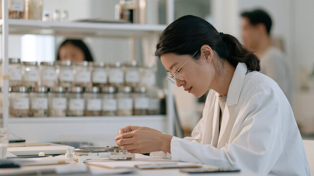 pathologist reassembles a centrifuge component after deep cleaning in a modest break room a row of labeled specimen jars lines the shelf behind wide shot shows tidy workspace with