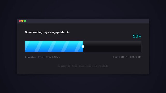 Progress bar indicating a system update download with a blue progress bar, percentage completion, and file transfer details displayed on a dark digital interface